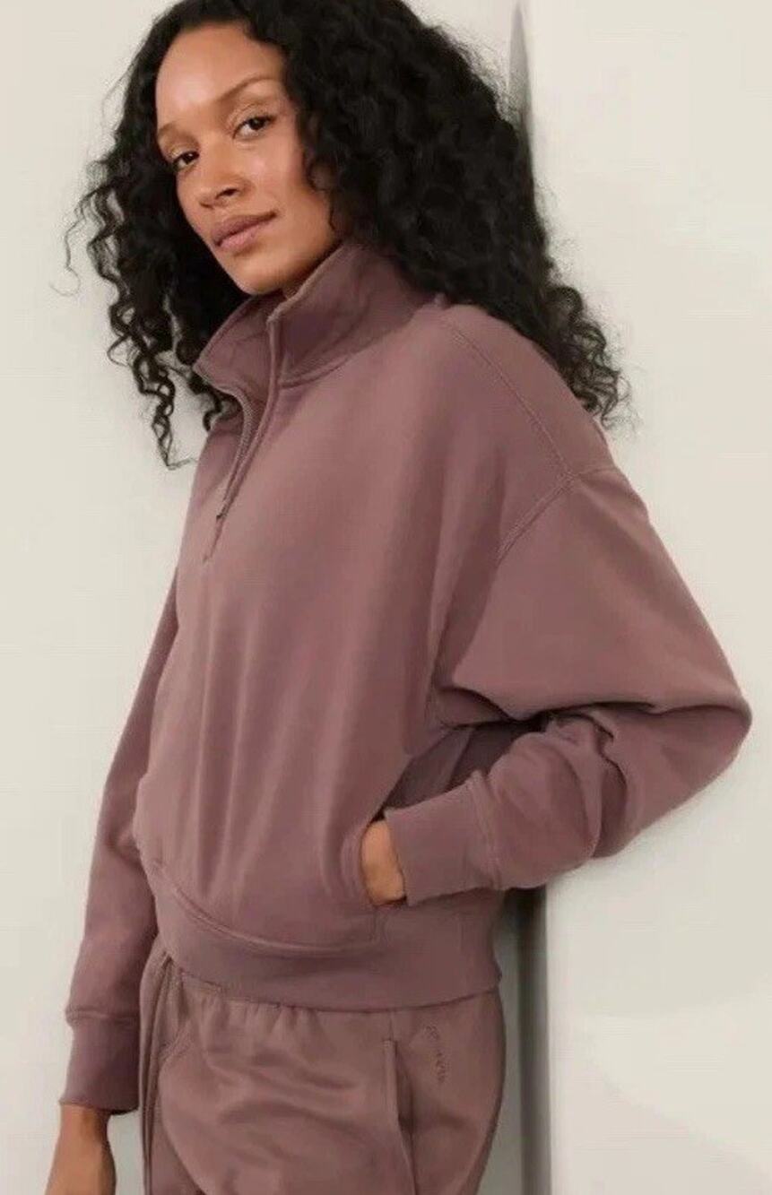 Athleta Forever Fleece 1/2 Half Zip Crop Sweatshirt Smoky Rose High Hip Size XL
